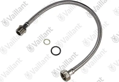 Flexible Verbindungsschlauch von Vaillant mit metallischer Umflechtung und zwei Anschlussgewinden sowie O-Ringen für Dichtungen.